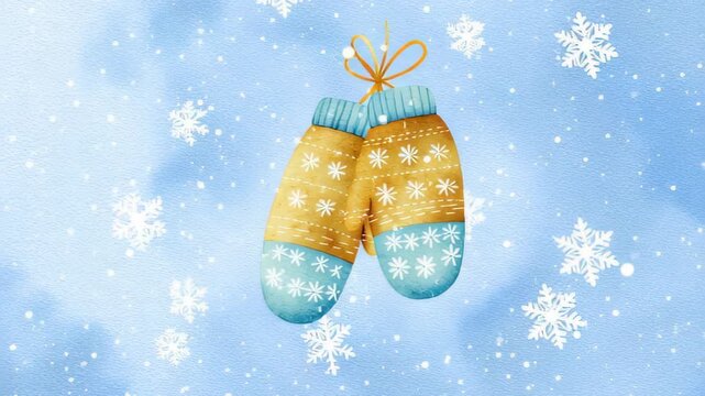 watercolor illustration of mitten pair with snowflakes around, pastel blue background, cute winter card