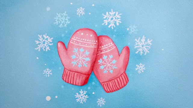 watercolor illustration of mitten pair with snowflakes around, pastel blue background, cute winter card