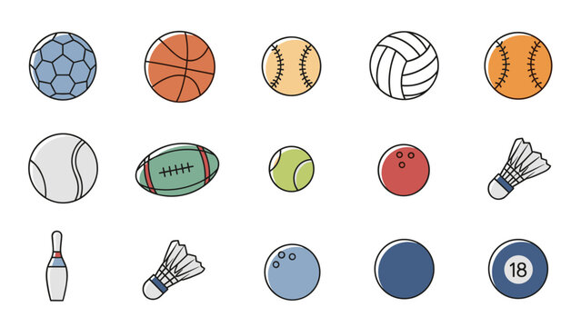Collection of various hand drawn sports balls and equipment