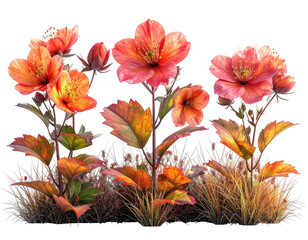 Vivid orange and pink flowers bloom amidst autumn foliage and grasses