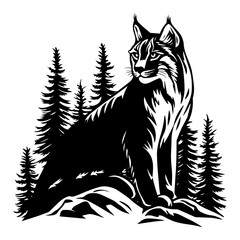 Majestic lynx sitting on a rock in a pine forest woodcut style illustration