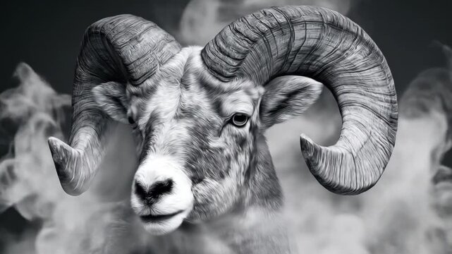 Dramatic ram portrait in black and white with imposing horns and blurred smoke