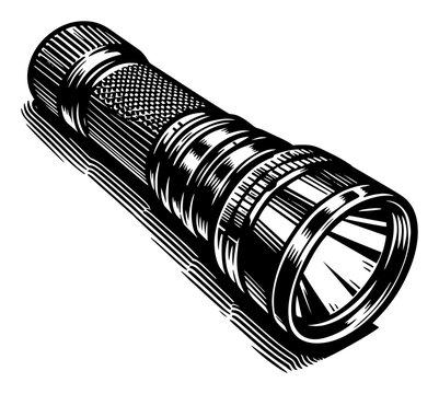 Detailed engraved style illustration of a tactical metal flashlight tool