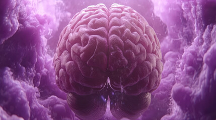 Purple human brain floating in abstract cloudscape conveying futuristic neural concept and wonder