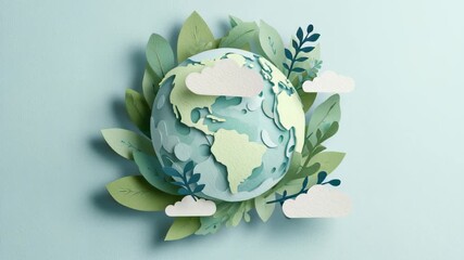 watercolor illustration of paper cut style globe with leaves and clouds, creative eco design, soft mint tones - Powered by Adobe