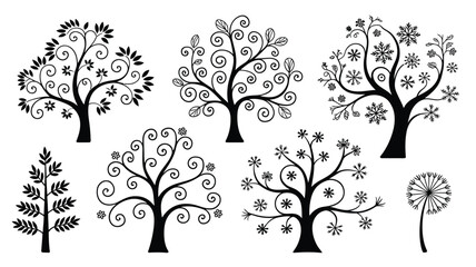 Obraz premium Collection of diverse stylized black tree silhouettes and dandelion puffs on a crisp white background