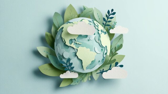 watercolor illustration of paper cut style globe with leaves and clouds, creative eco design, soft mint tones
