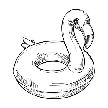 flamingo pool float vector line art hand drawn illustration