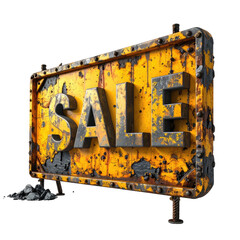 Rusty yellow metal sign with 3D "SALE" text.  Isolated