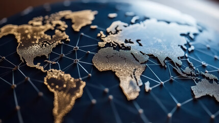 Globe network mesh connecting illuminated continents, global data connectivity and commerce