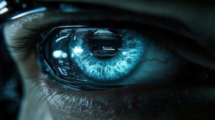 Blue biometric iris scan with digital interface reflection conveying secure authentication