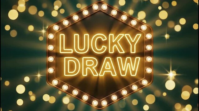 Retro style lucky draw sign glowing with marquee lights and sparkling bokeh effects