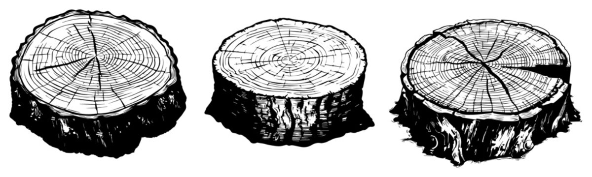 Set of three tree stump cross sections with growth rings woodcut style