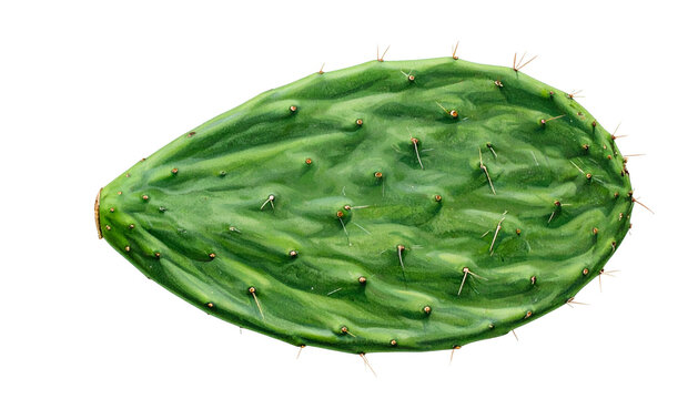 Isolated, textured close-up of a vibrant green cactus pad with thorns and areoles