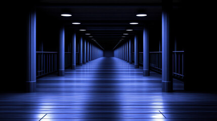 Naklejka premium Blue illuminated wooden corridor with repeating columns and overhead lights evoking futuristic