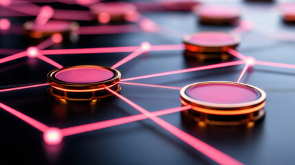 Futuristic network map with glowing nodes connected by luminous pink lines, high tech ambiance