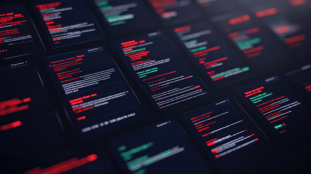 Layered code screens with glowing syntax and data points, futuristic tech ambience, moody - Powered by Adobe