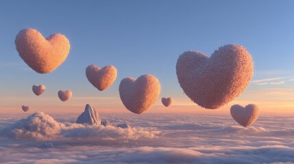 Multiple large, fluffy heart shapes float above a thick layer of clouds during golden hour