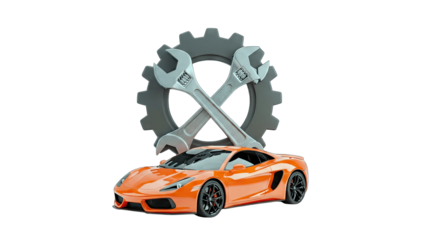 Car Repair Concept: Gear, Wrenches, and Orange Sports Car