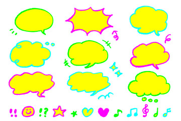 蛍光カラーのクレヨン風吹き出しセット 手描き漫画タッチのカラフルなスピーチバブルと感情アイコン