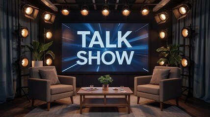 Professional television studio set with comfortable armchairs and a large screen displaying the words talk show