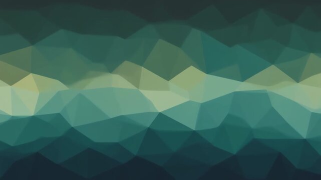 A low-poly abstract background with geometric shapes in shades of green, blue, and yellow, creating a dynamic wave-like pattern.