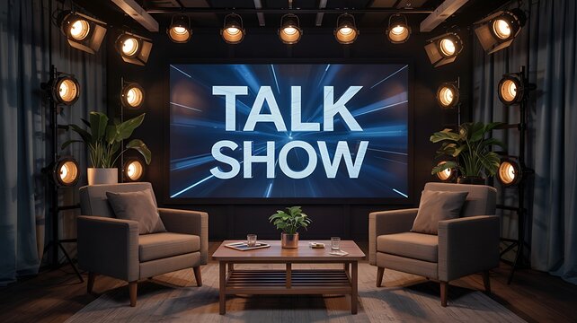 Professional television studio set with comfortable armchairs and a large screen displaying the words talk show