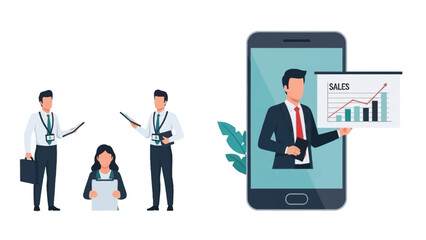 Fototapeta premium Business Professionals Collaborating and Sales Expert Presenting Data on Smartphone