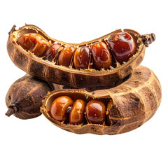 Close-up of open pods revealing brown, glossy seeds