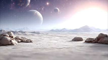 a surreal alien landscape featuring multiple planets and celestial bodies, with a sense of otherworldly wonder and cosmic vastness