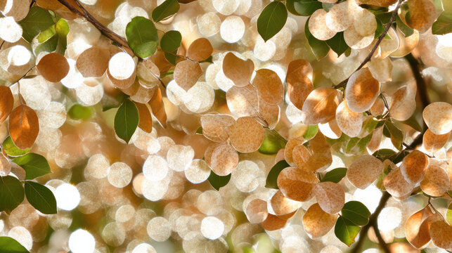 Golden bokeh leaves with sunlight filtering through delicate branches, warm serene mood