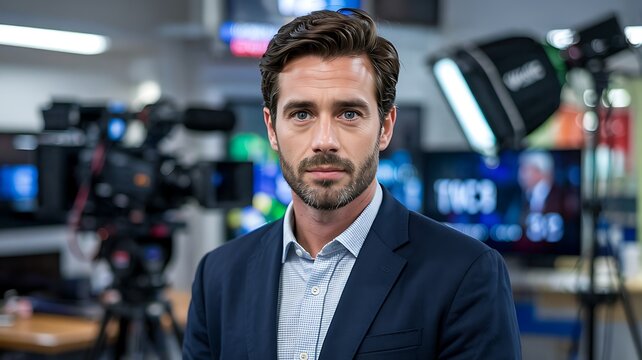 Confident professional male news reporter standing in a television studio with cameras and screens in the background
