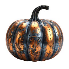 Metallic pumpkin with intricate floral details, against a black background