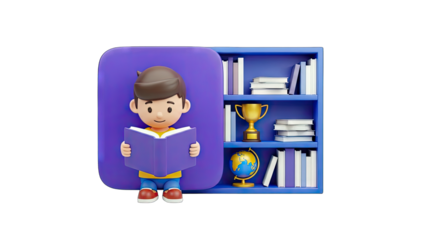 Cartoon Boy Reading Book Near Bookshelf