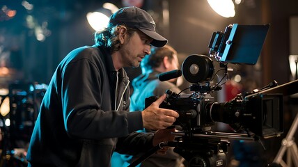 Filmmaker wearing a baseball cap operating a professional cinema camera on a film set with bright lights and crew members in the background