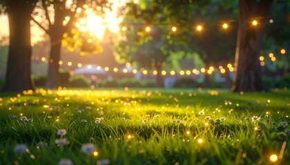 Sunlit meadow with fireflies