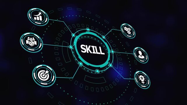 Concept of professional skills training with animated futuristic illustration of learning, workforce development, and human resource management in modern business.
