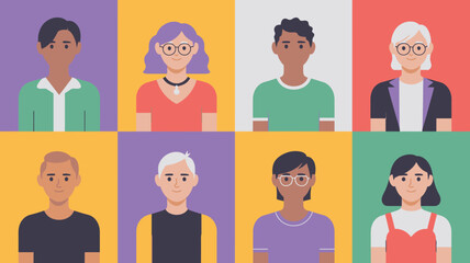 Fototapeta premium Eight diverse user avatars showcasing various smiling men and women on colored squares