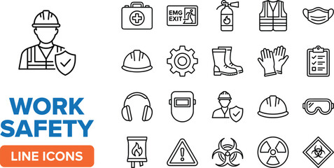 Work safety line icons collection, industrial protection symbols, personal protective equipment graphics, hazard warning signs, workplace security illustration set for safety guidelines © MstRokeya
