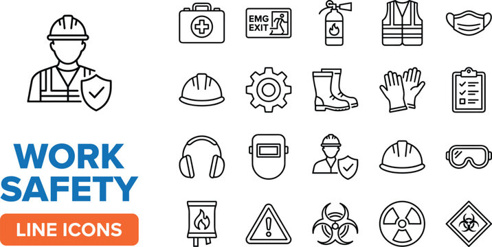 Work safety line icons collection, industrial protection symbols, personal protective equipment graphics, hazard warning signs, workplace security illustration set for safety guidelines