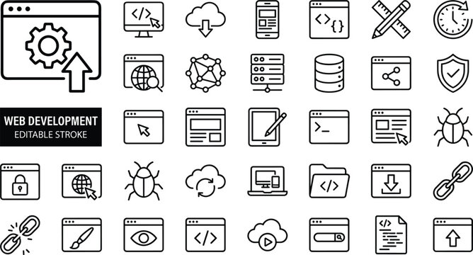 Web development outline icon set with coding symbols, software tools, cloud technology, data management, debugging, security, UI design elements
