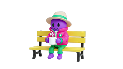 Cartoon Character Relaxing on Bench with Coffee