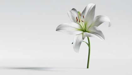 Fototapeta premium A single elegant white lily flower with a green stem against a clean white background, showcasing its delicate petals and prominent stamens.