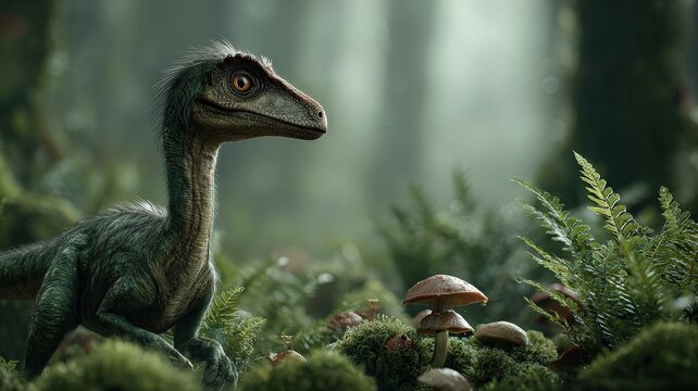 close-up of compsognathus chasing insects among ferns and fungi on the forest floor, macro cinematic view
