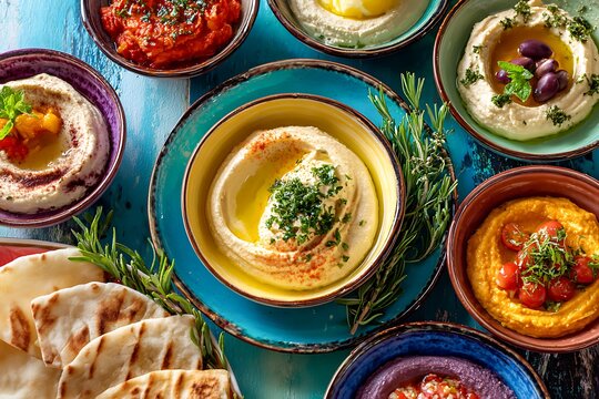 Delicious vegetarian meze spread with various traditional hummus dips and pita bread. Healthy appetizer platter for Mediterranean cuisine.