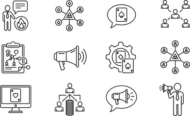 Communication icons, gaming symbols, network diagrams, speech bubbles, megaphone, online gaming, team structure, marketing, vector line art, minimal design