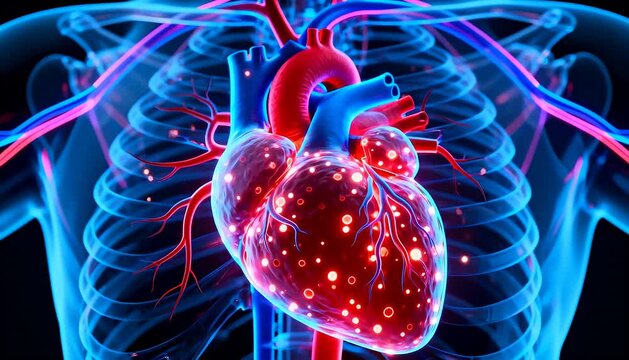 Glowing human heart animation showing the circulatory system and cardiac health concept for medical science.