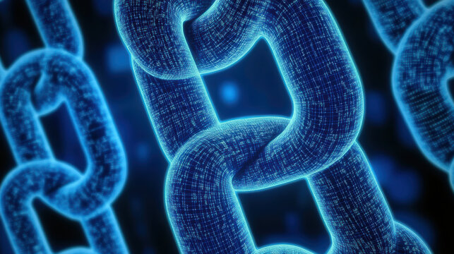 Glowing digital chain link blockchain link neon chain network connection cybersecurity data