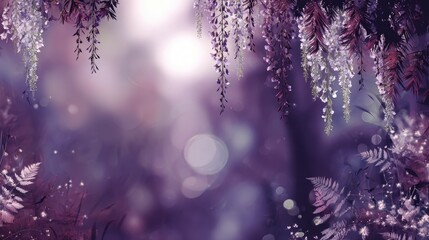 Hanging flowering vines create a deep purple, ethereal border framing a bright, hazy center background