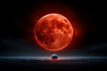 Stunning Red Moon Over Earth with Dramatic Clouds and Starry Night Sky